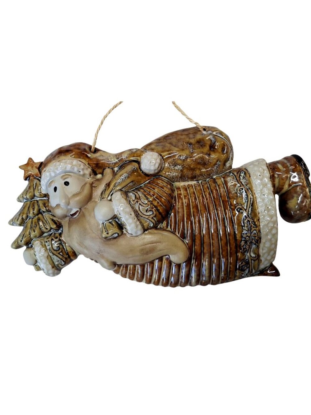 Handcrafted Ceramic Santa Claus Wall Hanging Decoration With Tree & Gift Bag - F
